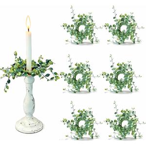 6 Pcs 1.38" Mini Green Boxwood Leaves Taper Candle Rings Wreaths Small Artificial Greenery Taper Candle Holder Wreath Candle Ring Wreath for Farmhouse Home Candlesticks Table Centerpieces Decor