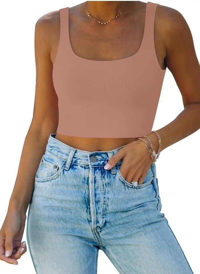 REORIA Womens Sexy Square Neck Double Lined Seamless Sleeveless Cropped Tank Yoga Crop Basic Tops (XX-Large, Sienna)