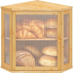 Corner Bread Box for Kitchen Countertop Two-Tier Large Capacity Bread Boxes Storage Container with Adjustable Height Countertop Bread Storage Bin (Bamboo Yellow)