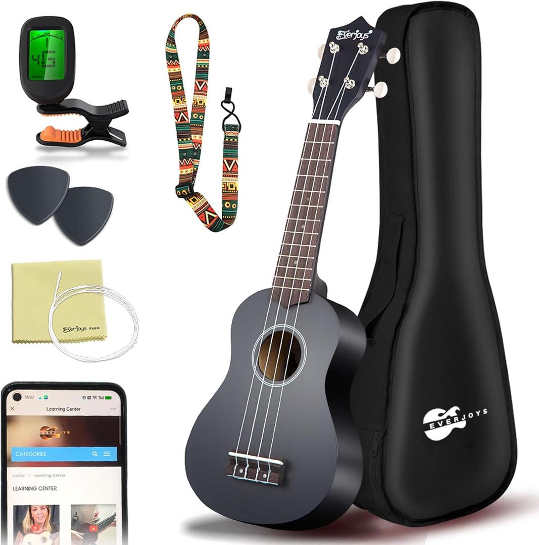 Everjoys Soprano Ukulele Beginner Pack-21 Inch w/Free Online Lesson Gig Bag Digital Tuner Pick Polishing Cloth All in One Kit (Black)