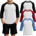 3 Pack Boy's Baseball Shirts 3/4 Sleeve Raglan Crew Neck Tops Teens Athletic Casual Jerseys(7-8 Years, White/ Black, White/ Red, White/ Sky Blue)