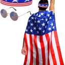 Frienda American Flag Costume Cape, 4th of July 250th Retro 80's USA Sunglasses and Flag Headband for 250th Anniversary