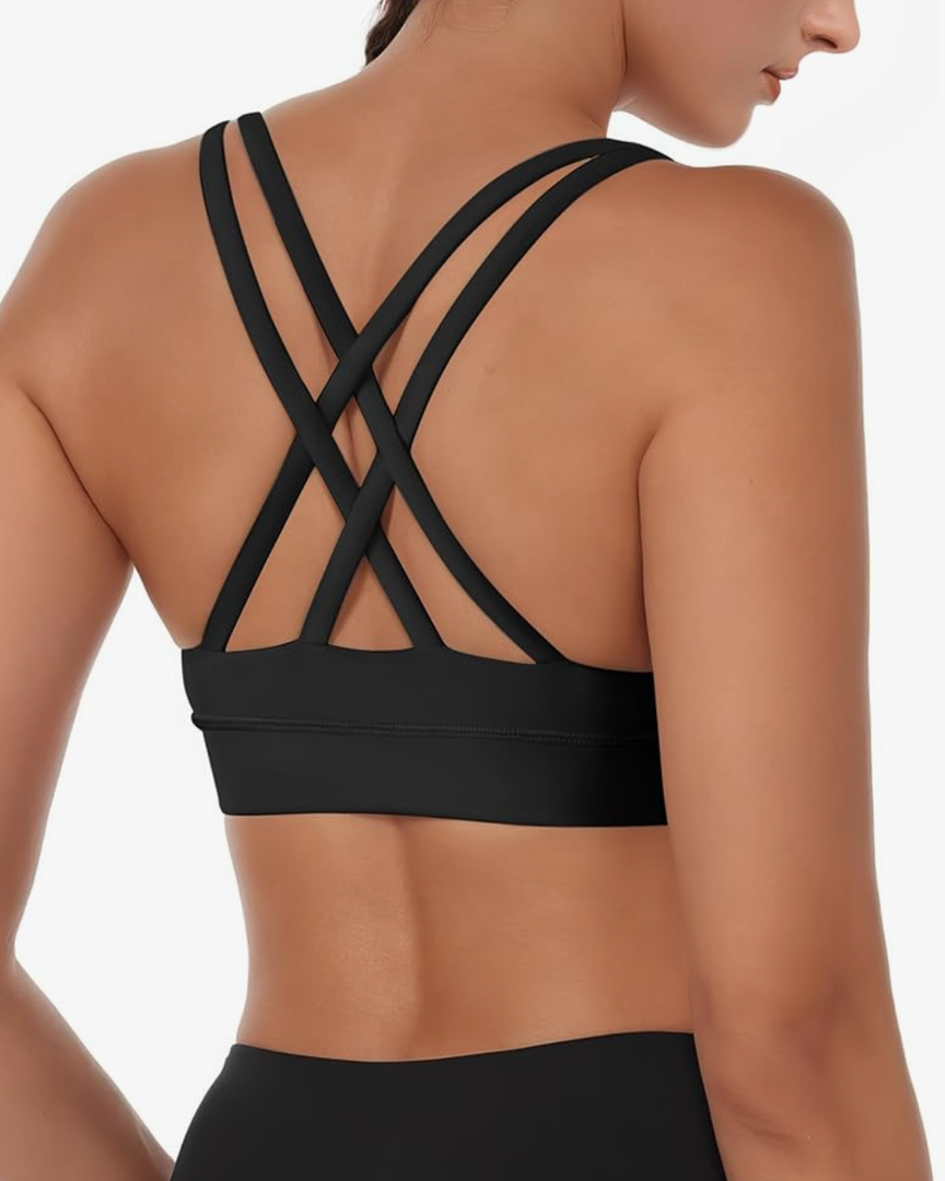 Buauty Sports Bras for Women, High Support Racerback Bras for Large Bust, High Impact Strappy Yoga Workout Gym Bra, Black, L