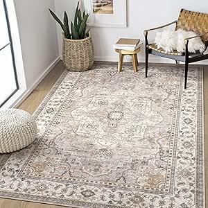 Washable Area Rugs for Living Room - 6x9 Neutral Vintage Distressed Floral Farmhouse Boho Large Soft Floor Rug Indoor Non Slip Carpet for Bedroom Dining Room Office - Grey 