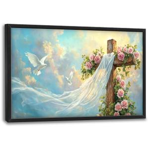 Christian Cross Large Wall Art Religious Faith Hope Pictures Wall Decor Dove Flowers Heaven Canvas Painting Prints Framed Artwork Home Church Decorations for Prayer Bedroom Living Room 36"x24"