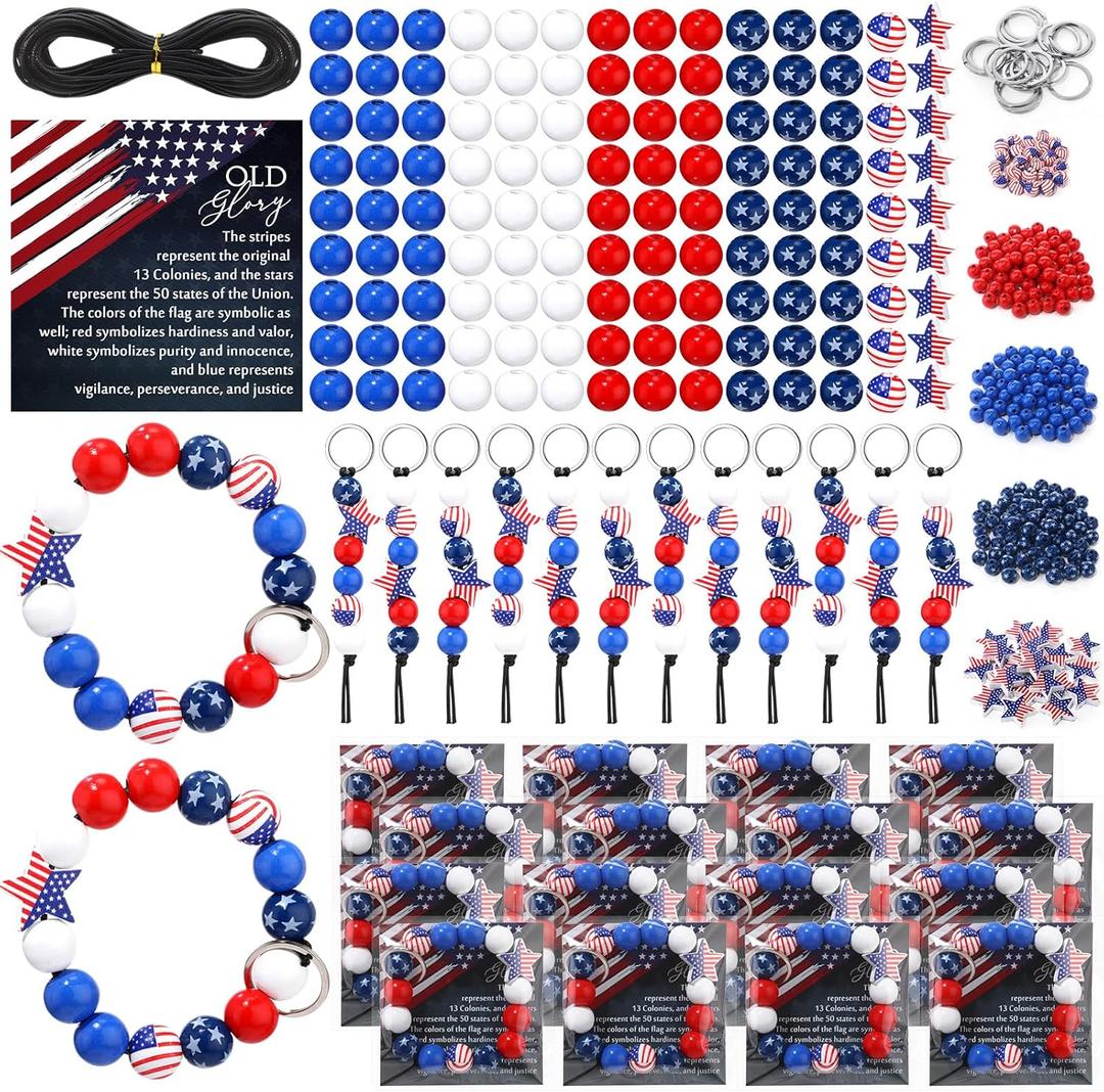 346 Pcs/20 Sets Veterans Day Crafts Patriotic DIY Bead Bracelet Keychain Kit Veterans Day Beads American Flag Wooden Bead for Craft with String Jewelry Necklace Craft Decoration School DIY