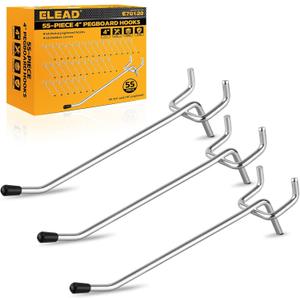 ELEAD 55-Piece 4 Inch Pegboard Hooks, Heavy Duty Peg Board Organizer Accessories, Peg Board Tool Hangers Fit for 1/4" and 1/8" Pegboard Hanging Tools Garage, Workshop, and Craft Storage