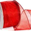 Ribbli Red Organza Wired Ribbon, Red Sheer with Metallic Edge,2-1/2 Inch x 20 Yards Christmas Tree Ribbon for Decoration Large Gift Wrapping,Wedding Decoration