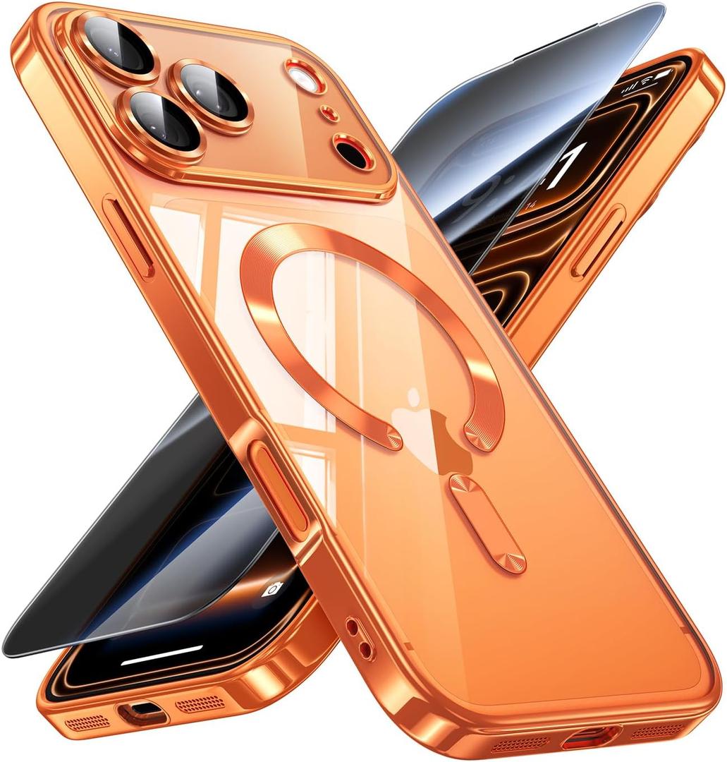 JUESHITUO for iPhone 17 Pro Case with Full Camera Lens Protector(Compatible with MagSafe)(Military Grade Drop Protection) 1X Privacy Screen Protector, Case for iPhone 17Pro, Cosmic Orange