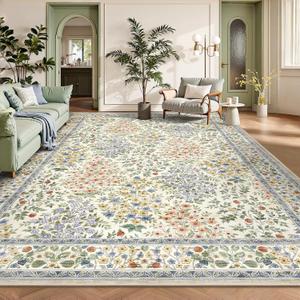 9x12 Area Rugs, Machine Washable Low Pile Floral Rugs for Living Room, Bedroom, Large Boho Area Rug with Non-Slip Backing for Dining Room(Beige Floral)