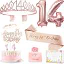 14th Birthday Decorations for Girls, 14th Birthday Sash and Crown, Cake Topper, Number Candles and Balloons, 14 Year Old Gifts for Girls