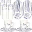 Tioncy 100 Pcs Tea Party Decorations Include 50 Pieces 9 oz Paper Tea Cups with Handle and 50 Plates Disposable Teacups and Saucers Sets for Birthday(Blue and White Floral)