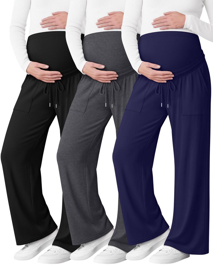 3 Pack Women Maternity Pants Wide Leg Over The Belly Lounge Loose Casual Pregnancy Pajama Trousers with Pockets, S