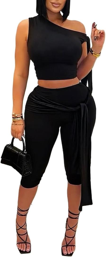 Vssjavun Women's 2 Piece Outfits Sexy Sleeveless One Shoulder Crop Tops Bodycon Capri Pants Sets (Large, Black)