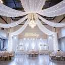 FrohFest 12 Panels White Ceiling Curtains with Lights for Weddings - 5ftx30ft Wrinkle-Free Tulle Fabric Wedding Arch Draping Fabric Ceiling Decorations for Wedding Party Ceremony Stage Tent Event