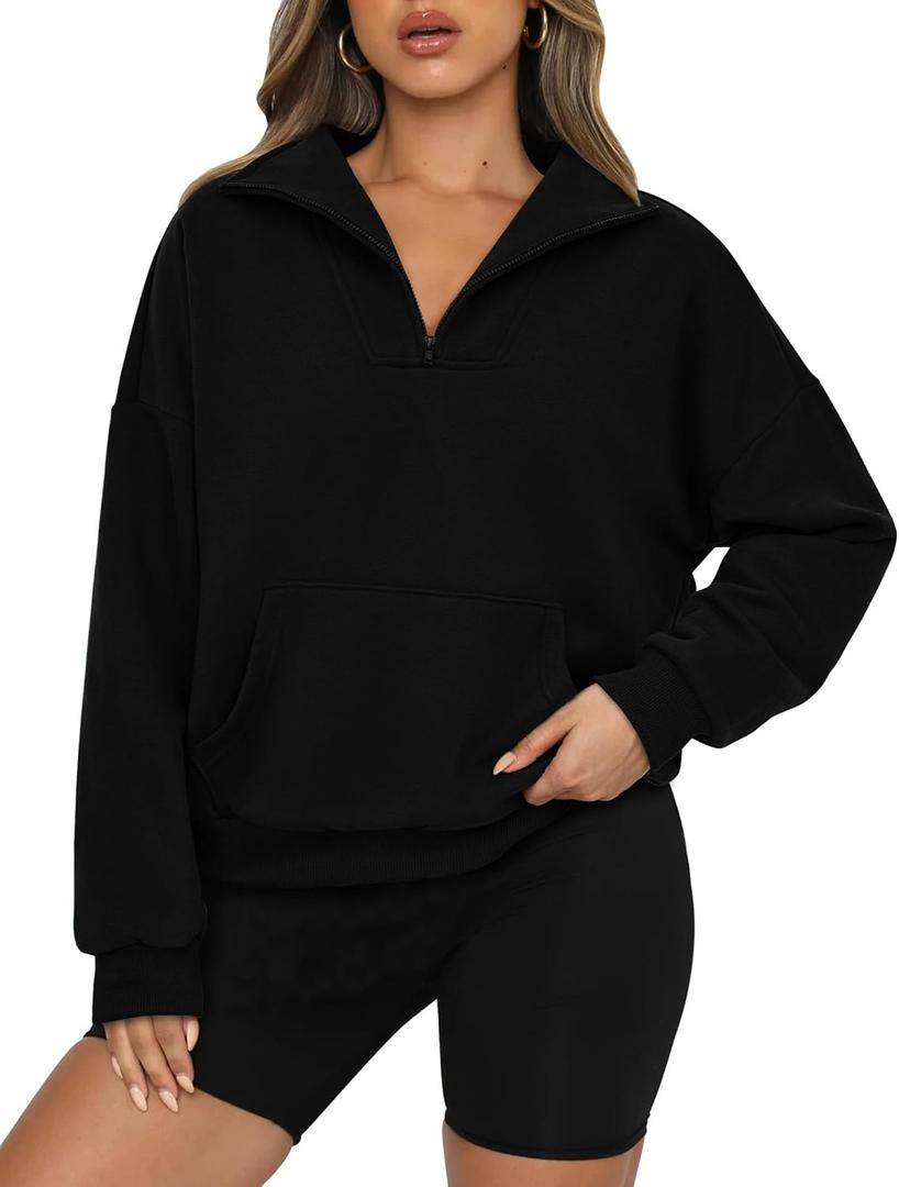 PRETTYGARDEN Womens Quarter Zip Long Sleeve Cropped Sweatshirt 2025 Fall Winter Casual V Neck Pullover Tops With Pockets (Small, Black)