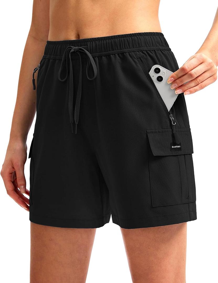 SANTINY Women's 5''/ 7''/9'' Hiking Cargo Shorts Quick Dry Lightweight Summer Shorts for Women Athletic Golf Zipper Pockets (Black, XS)