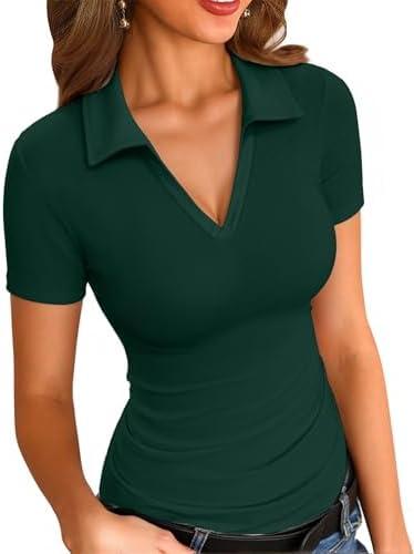 VICHYIE Womens Long Sleeve Shirts Lapel Collared V Neck Slim Fitted Ribbed Knit Trendy Tight Polo Tops, M