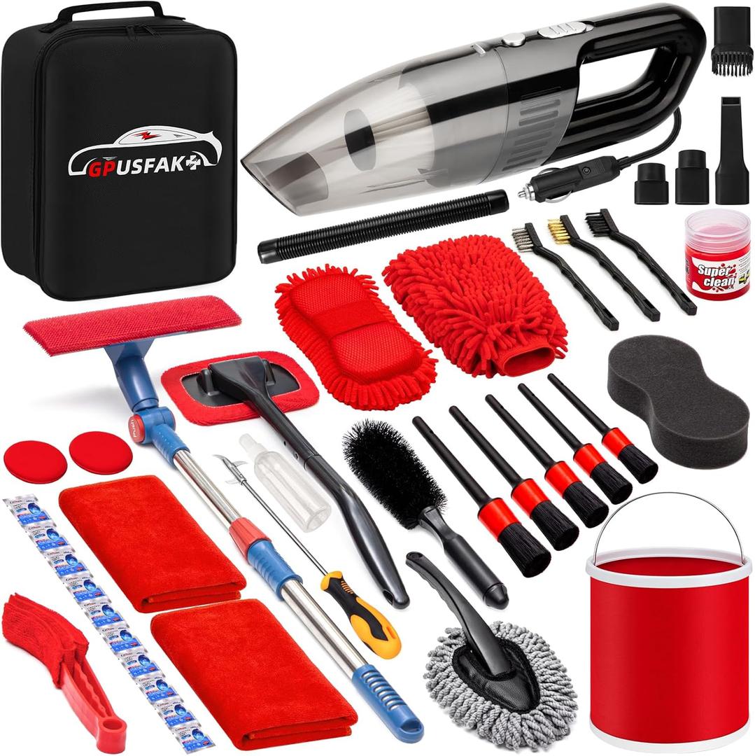 41Pcs Car Wash Cleaning Kit with High Power Handheld Vacuum Windshield Cleaning Tool Collapsible Bucket Detailing Brushes Tire Brush Towels Complete Detailing Set for Car