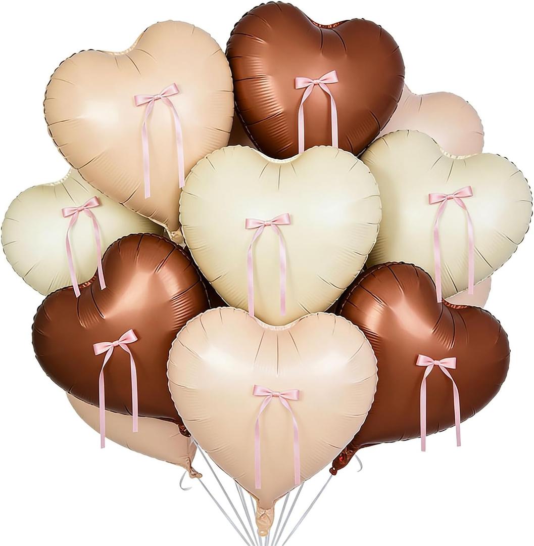 2 x Cream and Brown Heart Balloons Decorations, 20pcs Cream Brown Heart Shape Foil Balloons with Pink Bow Decoration for Brithday Baby Shower Wedding Valentines Party Decoration