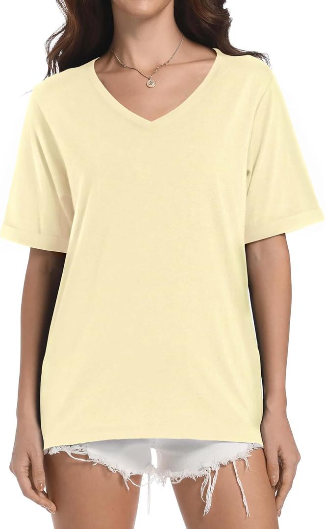 Auriviz Womens Cotton Tops Basic Short Sleeve Oversized Tshirts Short Sleeve Tees Boxy Yoga Gym Workout Shirts (Yellow)