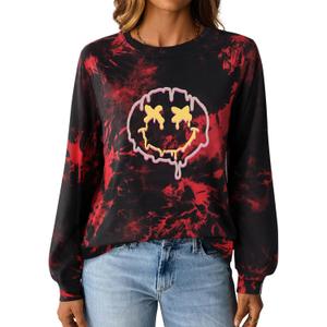Remidoo Women's Tie Dye Long Sleeve T Shirt Graphic Tees Crewneck Oversized T-shirts Red Small (Red)