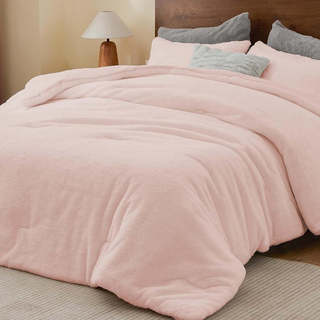 BEDELITE Faux Fur Fleece King Comforter Set - Fluffy & Warm Pink Comforter, King Size, Ultra Soft and Cozy Winter Bedding Set, Fuzzy Thick Bed Set, 1 Comforter and 2 Pillowcases