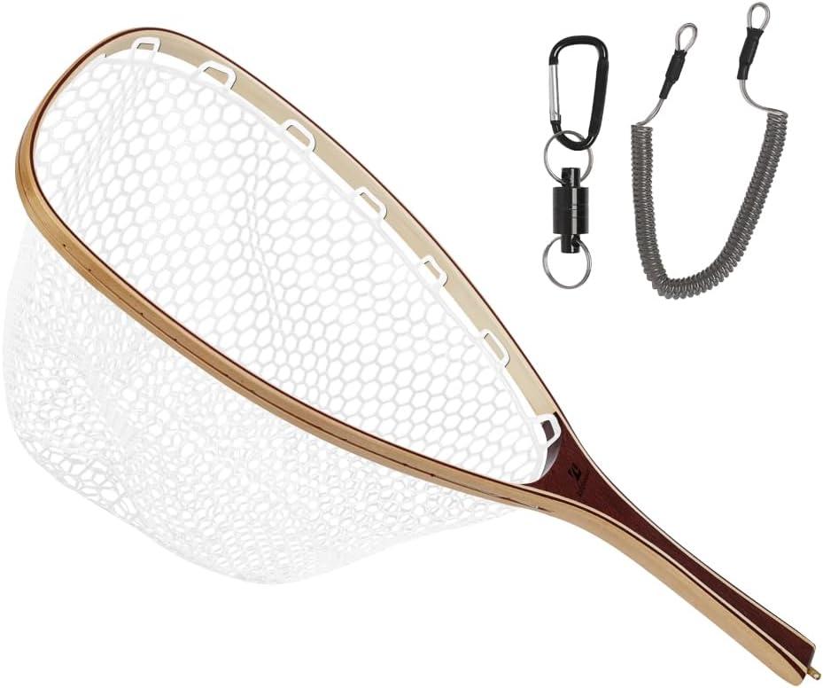Kylebooker Fly Fishing Landing Net Wooden Frame Trout Fishing Net Soft Rubber Mesh for Catch and Release