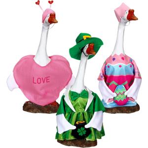 3 Set Valentine's Day Porch Goose Outfits 23 Inch St. Patrick Cement Goose Clothes Seasonal Holiday Duck Costume Set for Valentine's Day St. Patrick Easter Garden Yard Lawn Statue Decor