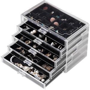 Frebeauty Acrylic Jewelry Organizer Earring Organizer Box with 5 Drawers Earring Holder Organizer with Velvet Trays Clear Jewelry Box for Women Earring Display for Rings Studs(Black)