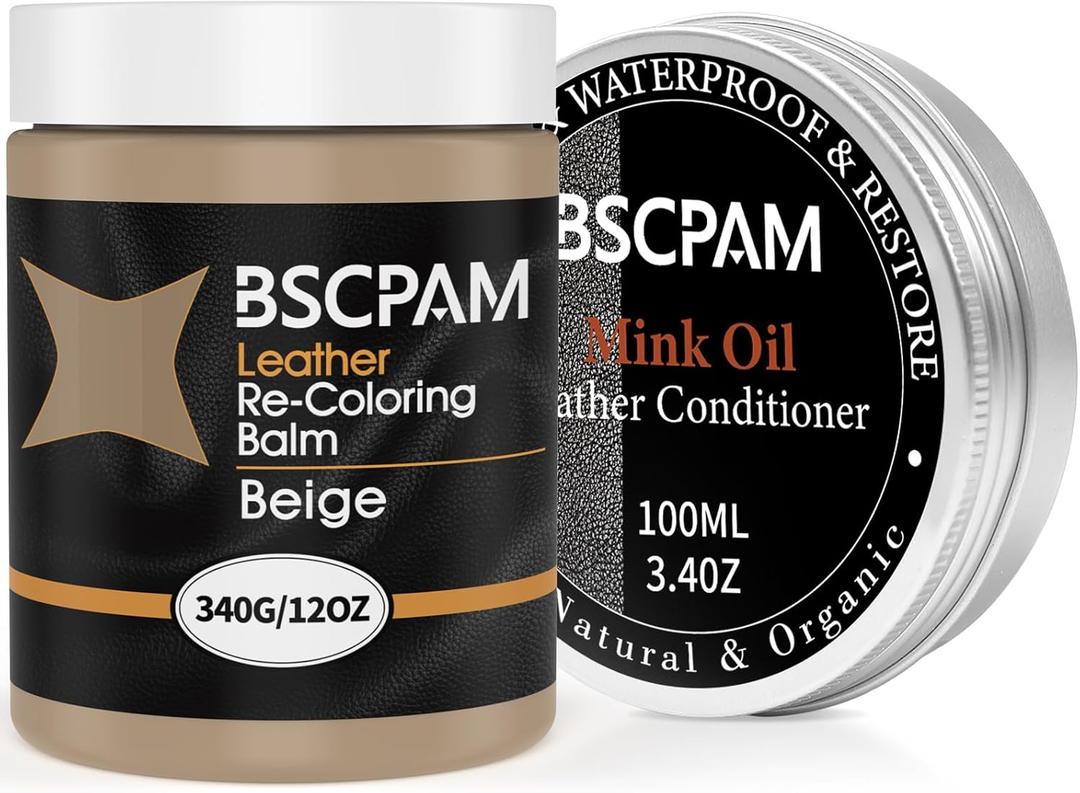 Leather Recoloring Balm & Mink Oil Leather Conditioner kit,Beige Leather Color Repair Kits for Couches, Leather Couch Paint Scratch Repair for Furniture Car Sofa Shoes Leather Dye (12oz Leather Recoloring Balm with Mink Oil)