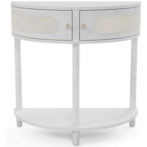 Stead Rattan Half Moon Shaped Small Entry Table, Modern Home Decor, Cane Console Table, Solid Wood Entryway Desk with Two Doors & Brass Knobs (Weathered White)