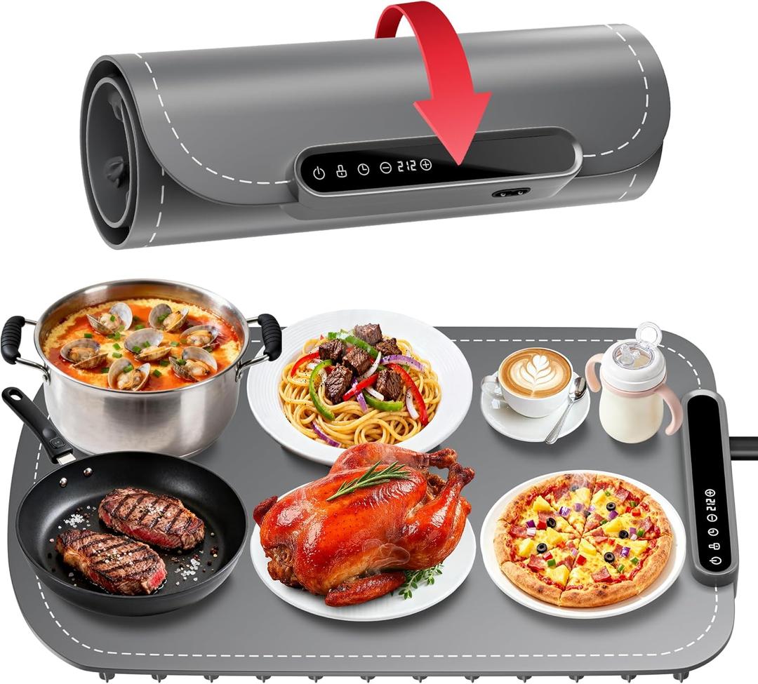 Warming Mat for Food, Upgraded Fast-Heating Electric Warming Tray with 7 Temp Levels & 8 Timers, Buffet Raised Feet & Rollable Silicone Heat Pad, Portable Food Warmer for Home, Party & Travel (Gray)