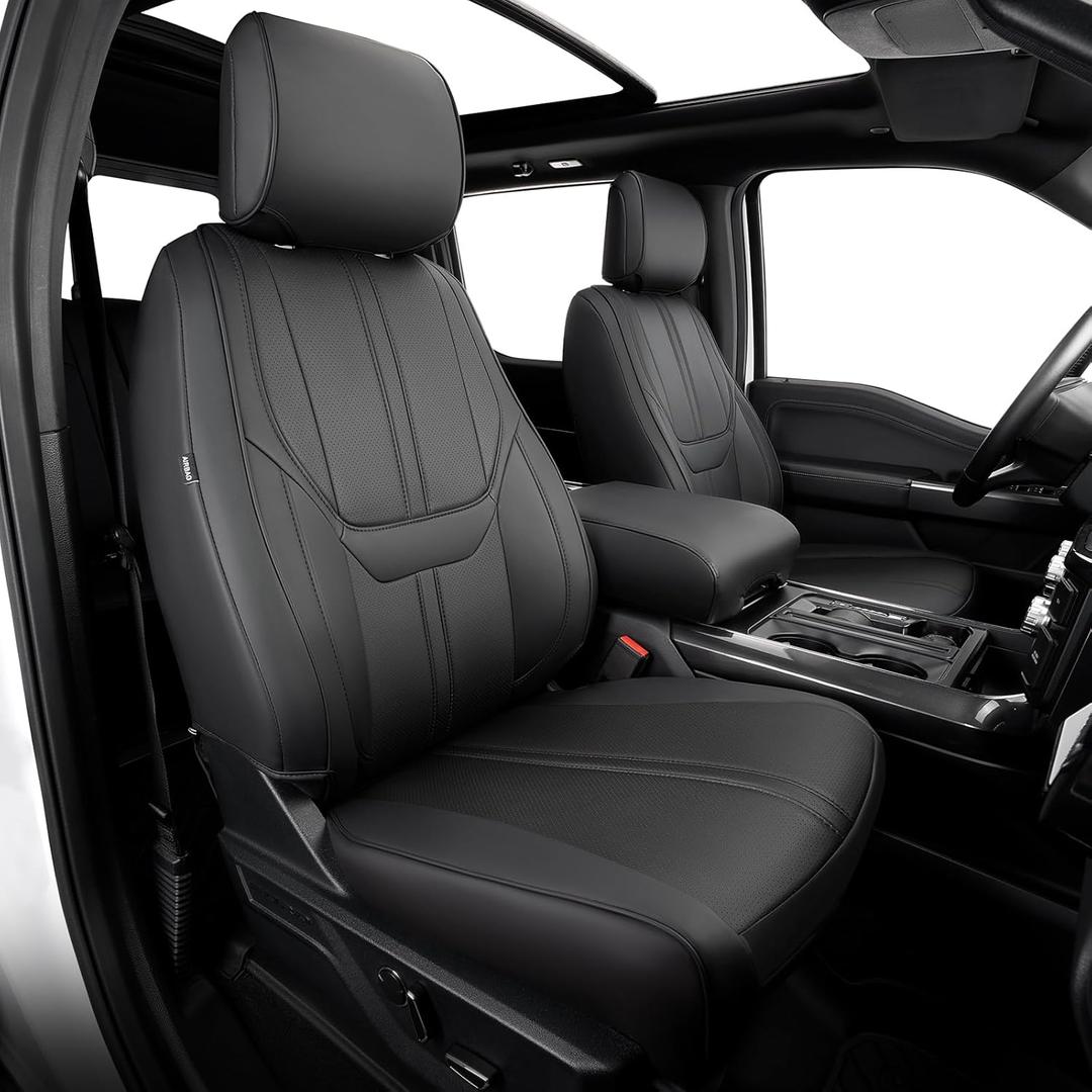 Super Cover for Ford F150 Seat Covers 2015-2025, Full Covered Leather Truck Pickup Seat Protectors for F-150 2025 2024 2023 2022 2021 Accessories, Only Fit 1st Row Bucket Seat SuperCrew (XL,XLT) (Black)