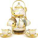 European Ceramic Tea Set for 6 People,20Pcs Porcelain Tea Set with Metal Stand,Vintage Floral Tea Cup and Saucer,Complete Gift Set with Teapot,Spoons for Wedding,Bridal Shower,Afternoon Tea (Gold)
