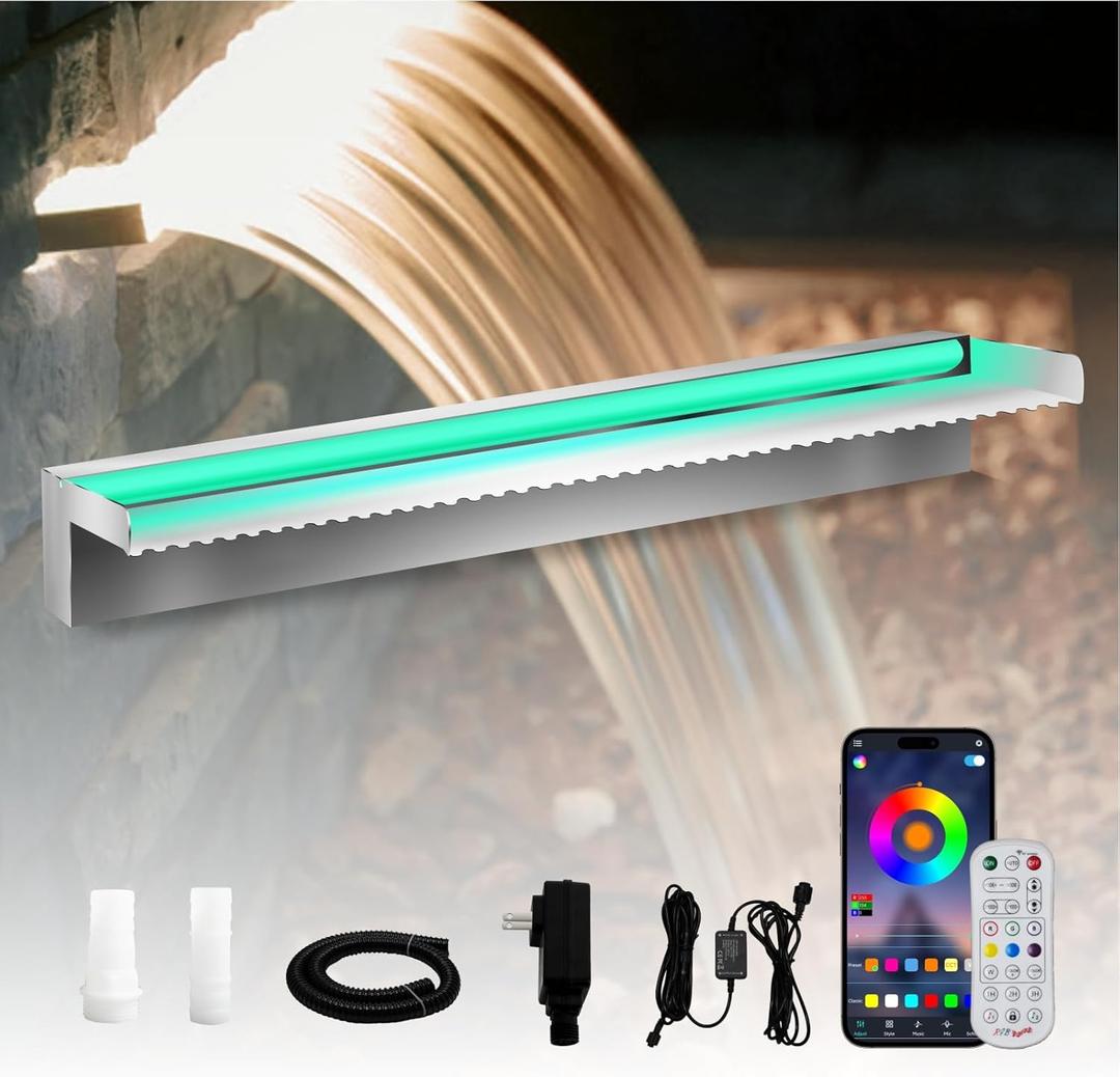 Pond Waterfall Spillway Stainless Steel Pool Fountain, APP Control LED Lighted Waterfalls Kit, Outdoor Water Flow Waterfalls Kit for Garden Patio Koi Pond Decoration-23.6"x7.8"x3.9" Pond Waterfall Spillway Stainless Steel Pool Fountain, APP Control LED Lighted Waterfalls Kit, Outdoor Water Flow Waterfalls Kit for Garden Patio Koi Pond Decoration-23.6"x7.8"x3.9"