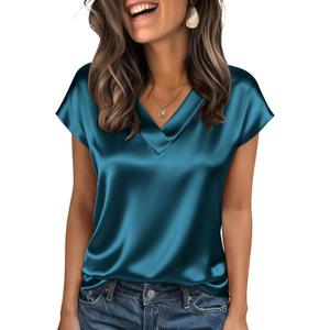 Zeagoo Women Silk Satin Tops Cap Short Sleeve Blouse V Neck Shirts Business Casual Outfits (Blue, XL)