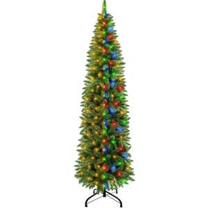 Dual Color Change & Timer 6Ft Prelit Artificial Slim Christmas Tree, 240 Warm White&Colored Lights, 658 Thick Branch Tips, 8 Mode, Fire-Resistant, Metal Stand, UL Plug, Hinged Christmas Xmas Tree Decor