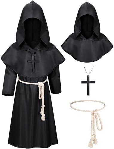 Kids Medieval Renaissance Monk Costume Priest Friar Wizard Cloak Hooded Robe Cosplay Costume Belt Necklace Set - Missing Accessories