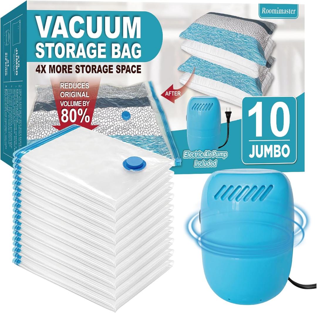 Vacuum Storage Bags with Electric Pump, 10 Jumbo Space Saver Bags Vacuum Seal Bags with Pump, Space, Vacuum Sealer Bags for Clothes, Comforters, Blankets, Bedding