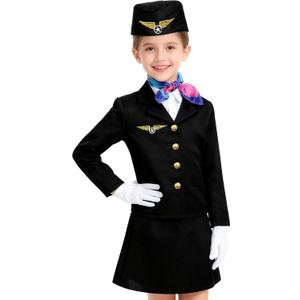 Flight Attendant Costume for Kids Stewardess Costume Set for Girls Career Day 100 Days of School Halloween Dress Up