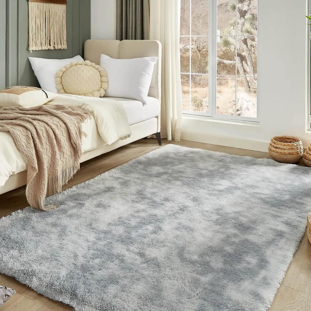 Floralux 5x7 Area Rug for Bedroom, Tie-Dye Light Grey, Living Room Shag Rugs, Non-Slip Shaggy Floor Carpet for Teens Dorm, Bedside, Playroom, Nursery, Home Decor Aesthetic