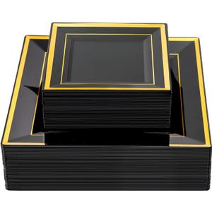 Liacere 100PCS Black and Gold Square Plastic Plates-50PCS Dinner Plate and 50PCS Dessert Plate-Durable Fancy Disposable Plates for Party&Halloween