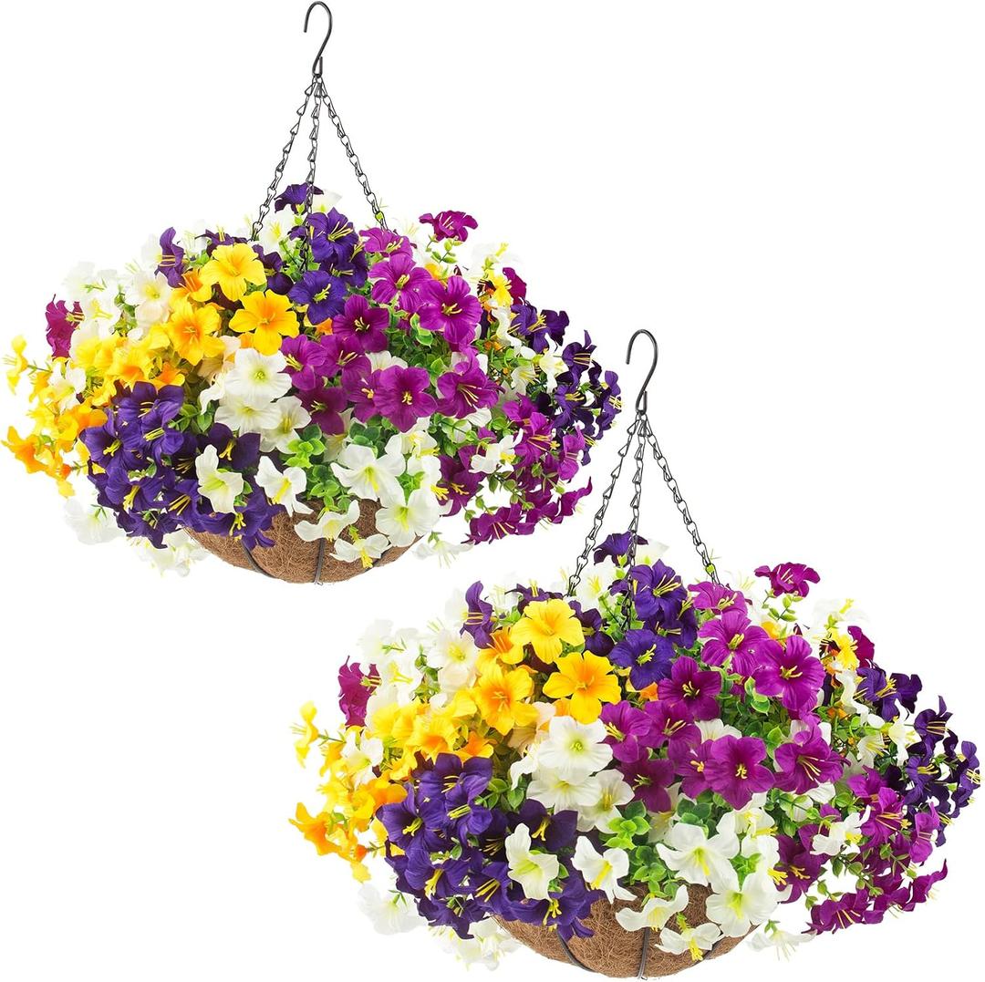2 Set Artificial Outdoor Flowers with Hanging Baskets,24 Pcs UV Resistant Faux Petunias Flowers with Hanging Planter for Front Door Porch Spring Outside Decor (2, White, Yellow, Purple, Red, Violet)