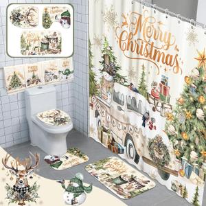 8 Pcs Christmas Shower Curtain Set Xmas Santa Bathroom Decoration Christmas Tree Hand Towels Snowman Toilet Lid Cover Bathroom Rugs Xmas Shower Curtain with Hooks (Vintage Style)