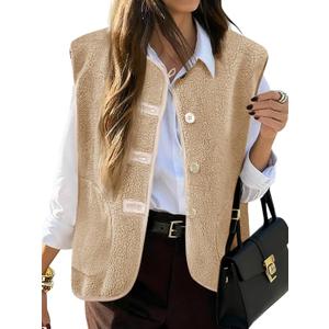 Tanakneo Womens Fuzzy Fleece Vest Sleeveless Button Down Fall Sherpa Jacket Winter Warm Old Money Outerwear with Pockets Light Khaki
