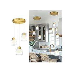 LMS 3-Light Cluster Mid Century LED Pendant Light, Brushed Gold Pendant Light Fixtures with White & Clear Double Glass, Adjustable Hanging Lamp for Dining Room Living Room Bedroom, LMS-601PL-BG3