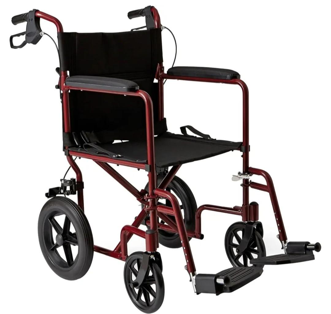 Medline Foldable Transport Wheelchair with Handbrakes and 12-Inch Wheels, Red Frame, Black Upholstery