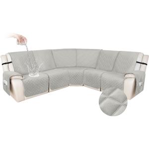 HDCAXKJ 100% Waterproof Velvet Recliner Sectional Couch Covers L Shaped Corner Reclining Sofa Cover Washable Thick Non Slip Sectional Slipcover with Pockets (5 Seat Recliner Couch, Light Gray)