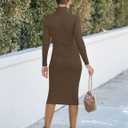 MEROKEETY Women's Long Sleeve Sweater Dress 2025 High Neck Slim Fit Ribbed Knit Midi Winter Dresses (Brown, L)